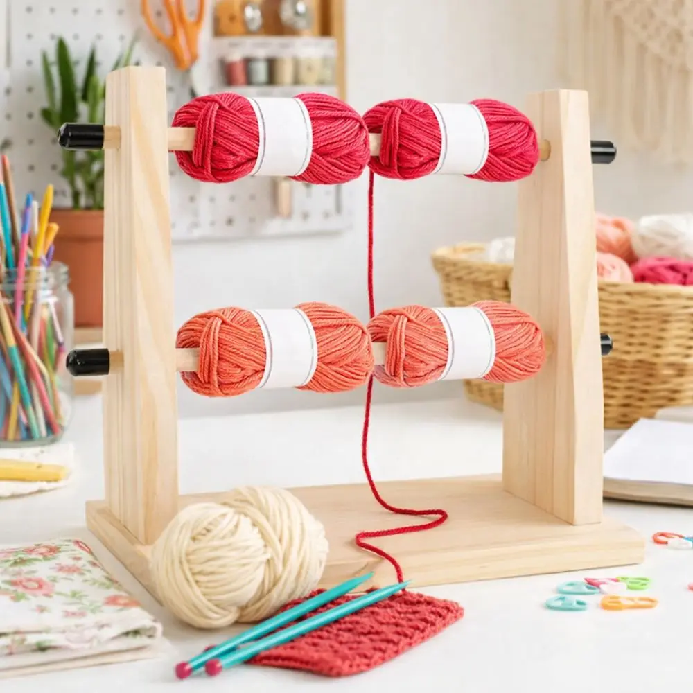 

Double Layer Wooden Yarn Holder Manual Detachable Frame Wool Storage Rack Vertical Rotating Handmade Thread Holder Hand-woven