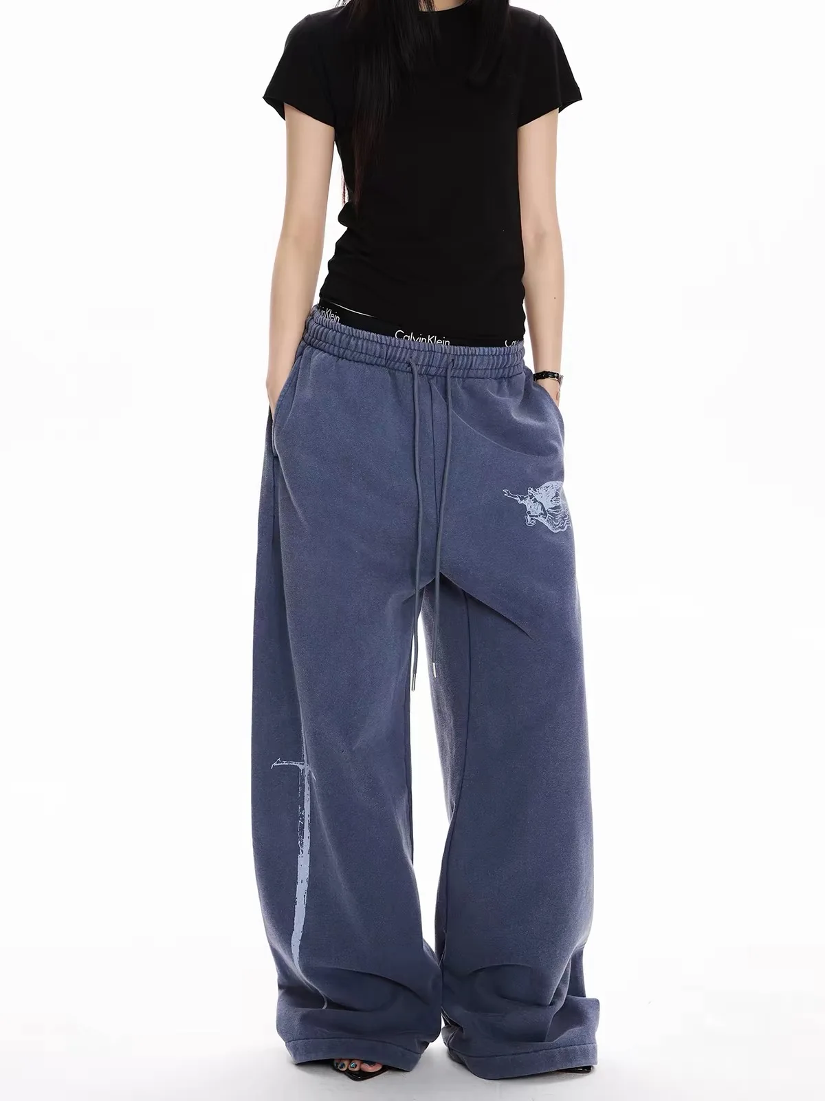 American Retro Washed Printed Casual Sweatpants Men Women Handsome Versatile Loose Straight Floor-Length Pants Couples