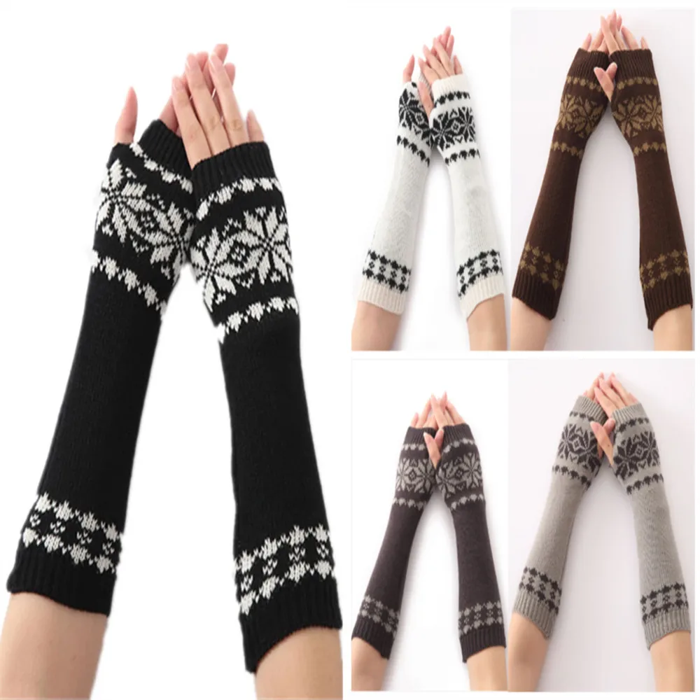 

Woman Ladies Fingerless Gloves Winter Warm Soft Knitted Snowflake pattern Mittens ST027