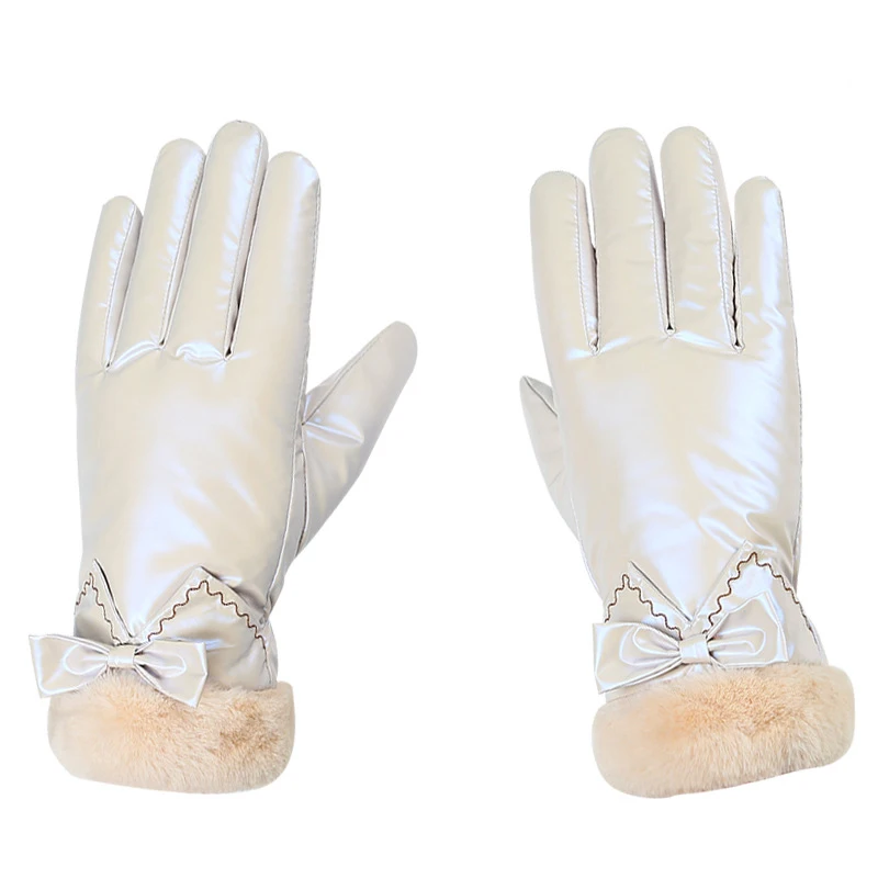 Women Winter Plus Velvet Thicken Warm Touch Screen Shiny Fashion Cute Elegant Plush Wrist Bow Waterproof Sports Climbing Gloves