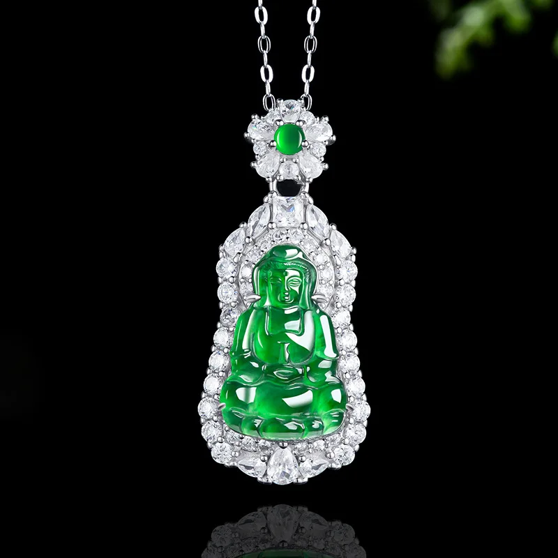 

Premium Natural A Jadeite Yang Green Guanyin Pendant S925 Silver Ice Jade Unisex Necklace