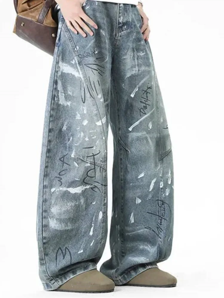 Men's Washed Streetwear Jeans Light Blue Letter Graffiti Print Loose Wide Leg Casual Streetwear Denim Long Pants KGK1