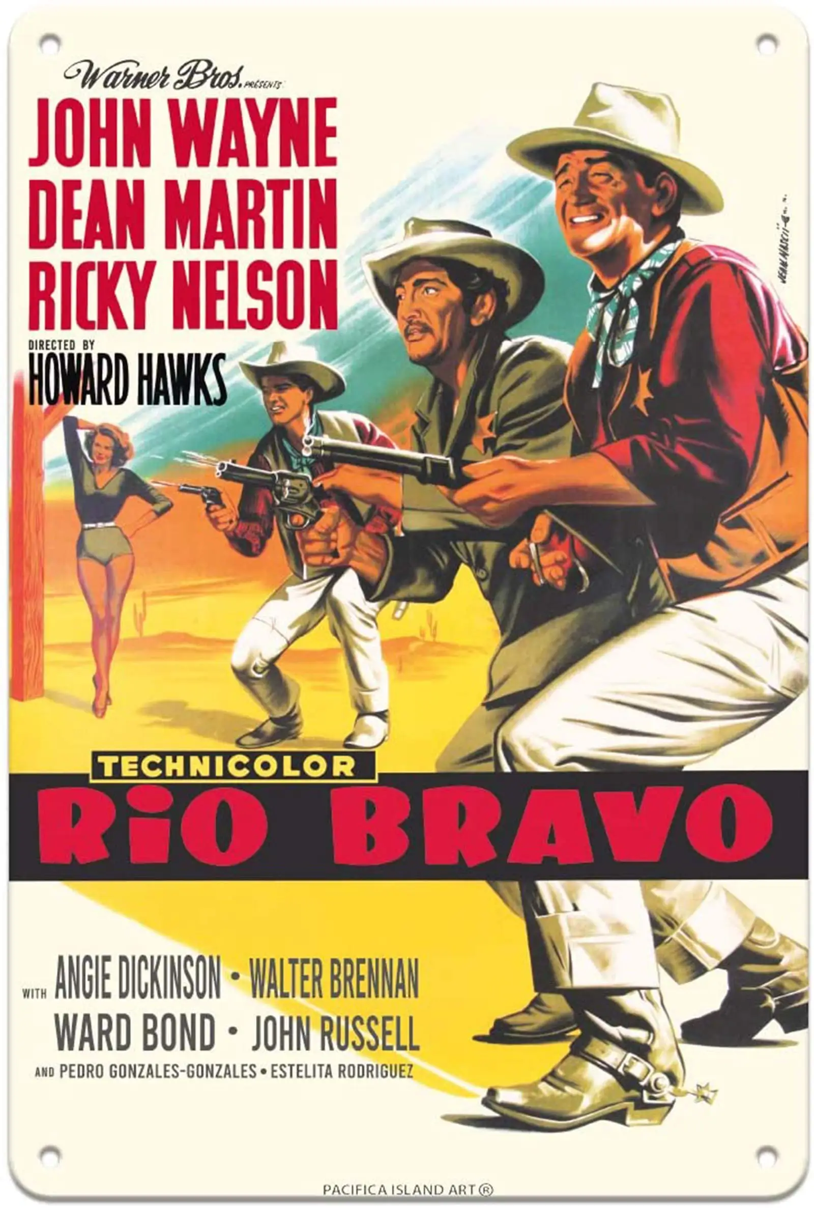 Bravo - Starring John Wayne, Dean Martin, Ricky Nelson - Vintage Film Movie Poster c.1959-8in x 12in Tin Sign