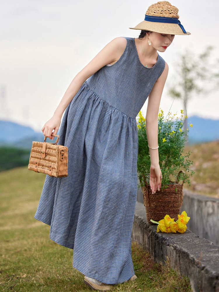 ผู้หญิงผ้าฝ้ายลินินชุดยาวใหม่มาถึง 2025 ฤดูร้อนสไตล์วินเทจ O-คอลายสก๊อตหลวมหญิงสบายๆ A-Line ชุด T584