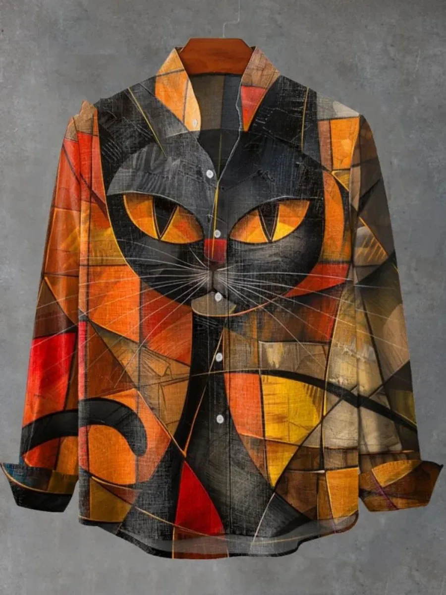 Muzułmańska Odzież Męska Jesień Najlepiej Sprzedająca się Męska Koszula Lniana z Długim Rękawem z Retro Nadrukiem Kotka Ropa Hombre