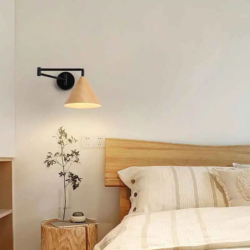 Nordic Wood Grain Rocker Arm Bedside Lamp Extendable Foldable Minimalist Design for Living Room Bedroom - Reading Light