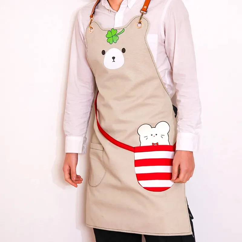 

Милый корейский холщовый фартук, женский дизайн с медведем, джинсовый стиль, парикмахерский магазин чая с молоком, ресторан, рабочая униформа, фартук ZI47