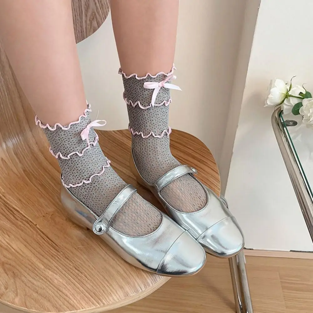 Y2K Breathable Gift Gauze Simple Fashion Elastic Transparent Korean Style Ruffles Socks Women Thin Socks Bow Lace Silk Hosiery