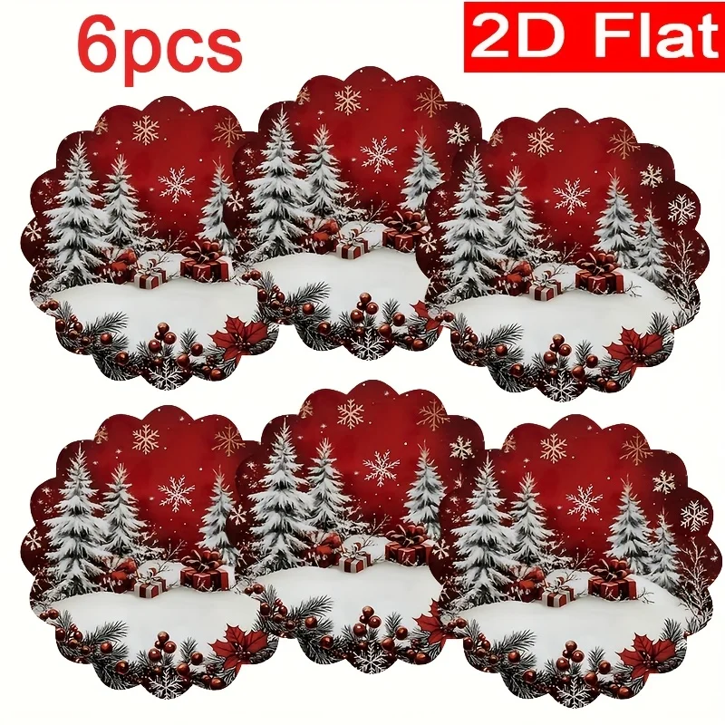 VIKAMA Round Red Snowy Tree Placemats, Non Slip Heat Resistant Circular Xmas Winter Holiday Dinner Party Table Mats Decor