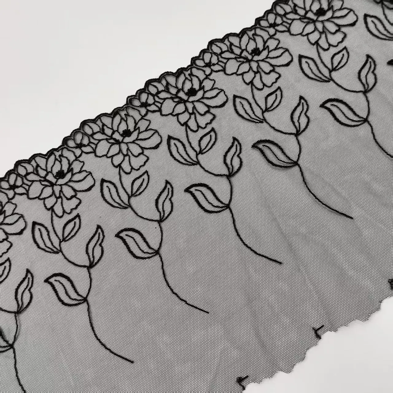 大きな黒い花、鮮やかな黒の刺繍レース、diy手作りアクセサリー、幅：20cm