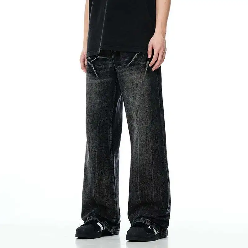 

Men's High Street Jeans American Lightning Crack Washed Denim Pants Cat Whiskers Loose Slightly Flared Trousers QJ7V