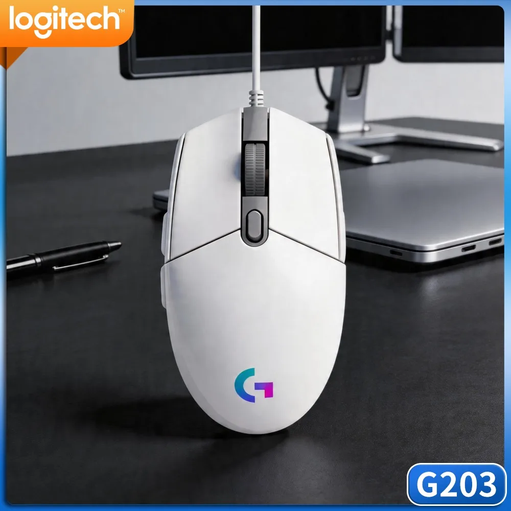 Mouse para jogos com fio Logitech G203, múltiplos DPI, RGB vibrante, almofadas antiderrapantes, USB Plug-and-Play para PC, laptop e trabalho.