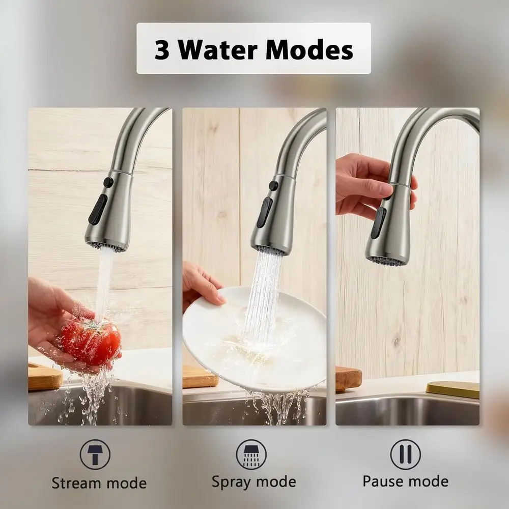 صنبور مطبخ بخاخ قابل للسحب، من الفولاذ المقاوم للصدأ بقوس عالٍ، مقبض واحد لأحواض واحدة أو 3 فتحات، لمسة نهائية من النيكل المصقول، مناسب f