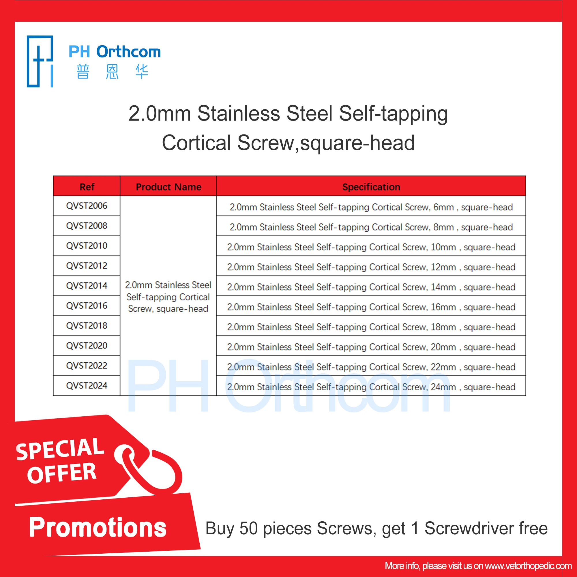 Buy Fifty Pieces Screws, Get One Screwdriver Free! Act Now! 2.0mm Stainless Steel Self-tapping Cortical Screw Square-head