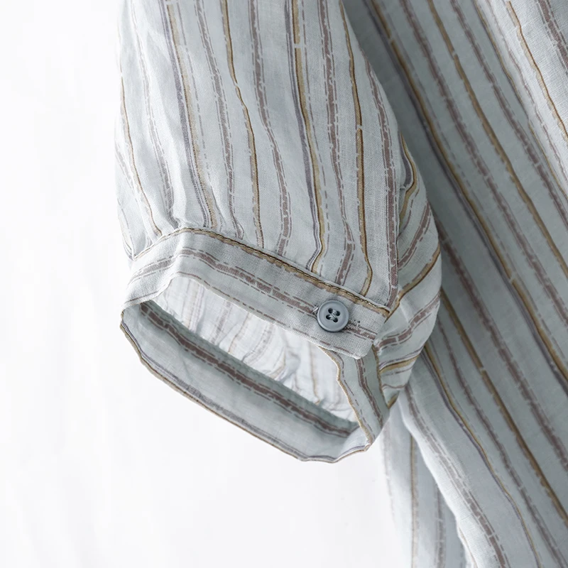 Verão leve respirável listra linho ort sve feminino casual solto emagrecimento solto topo faionable sete pés irt