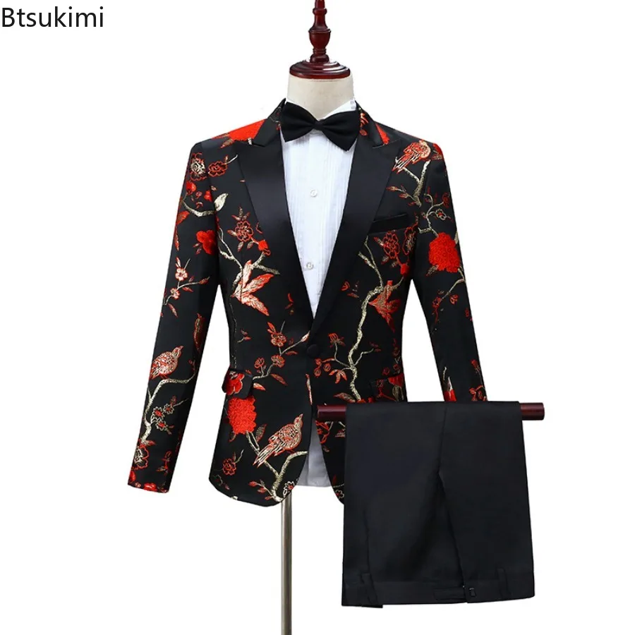 High-end Embroidered Suit Two Piece Sets for Men Woodpecker Jacquard Slim Suit Coats Pants Men's Party Dress Suit Stage Costumes