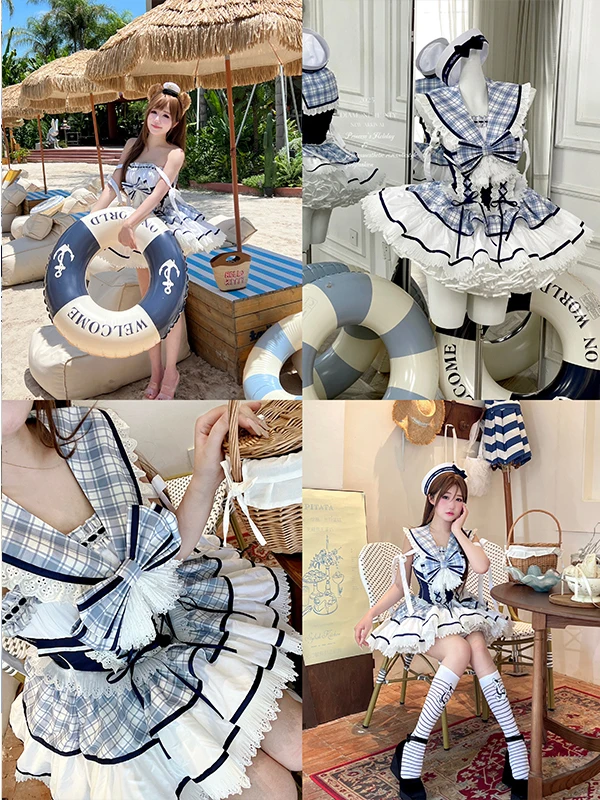 ชุดเดรสชายหาดสําหรับผู้หญิงฤดูร้อนใหม่สาวหวานน่ารัก Kawaii วันหยุดชุด Navy COLLAR Lolita สั้นชุด Vestidos Mujer