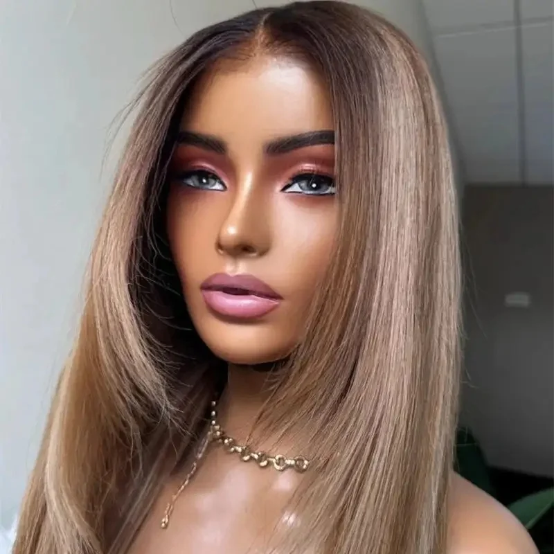Highlight Honey Blonde Synthetic Lace Wigs Layer Natural Straight Women's Wigs Ombre Pre Plucked Natural Hairline Lace Top Wig