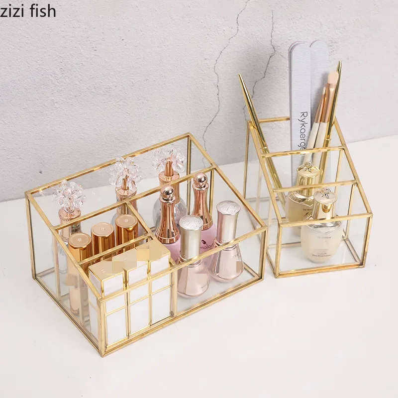 

Настольный стеклянный ящик для хранения инструментов для макияжа, стеллаж для хранения кистей для макияжа, ведро для хранения ручек, держатель для мелочей, органайзер, полка, косметическая коробка