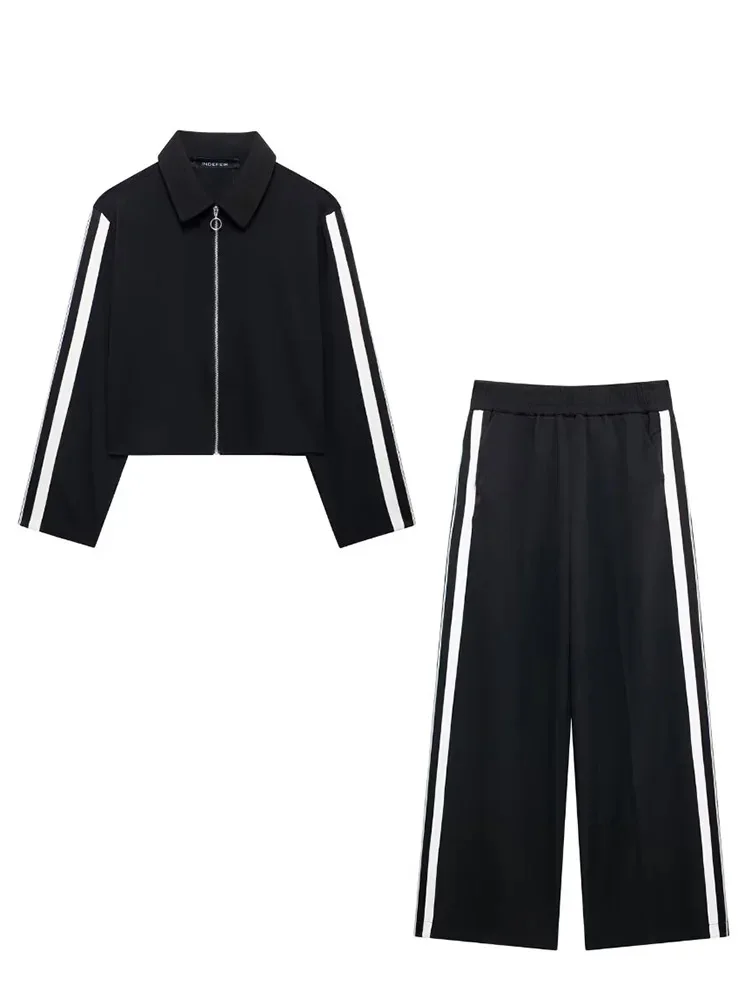 HH 2024 Women Stripe Top Trousers Sports Suits Female Long Sleeves Zip Lapel Coat+High Waist Wide Leg Pants Two-piece Set