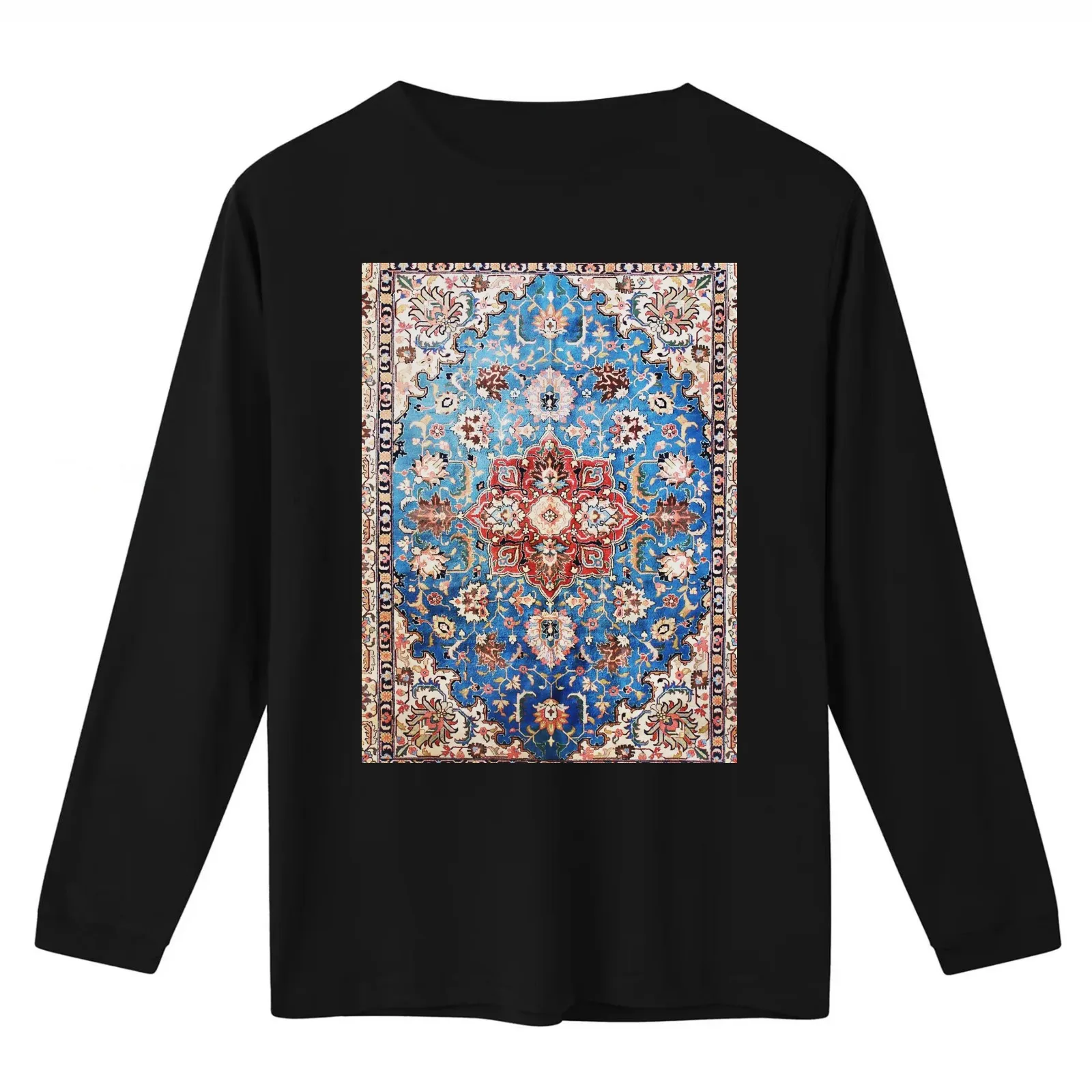 Tabriz Rug With Blue Field Print T-Shirt Summer Casual Cotton Tee Oversized Streetwear Tops Vintage Graphic Print
