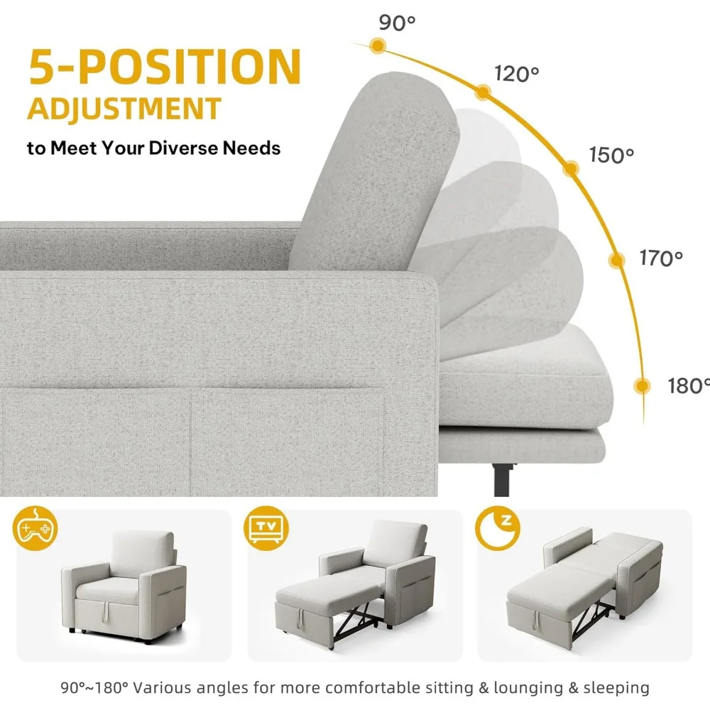 Sofa bed 3-in-1 berbahan linen dengan tempat tidur tarik, sandaran yang dapat direbahkan, dan sandaran tangan lebar untuk kehidupan modern