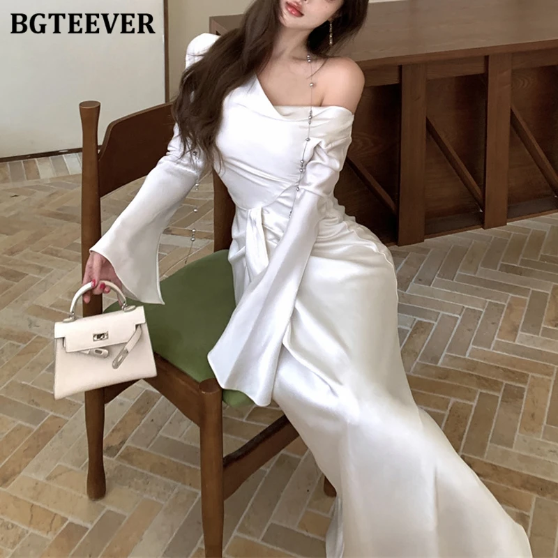 BGTEEVER シックでエレガントなスイングカラーパッケージヒップサテンドレス女性のためのエレガントなスリムウエスト長袖レディースボディコンドレス