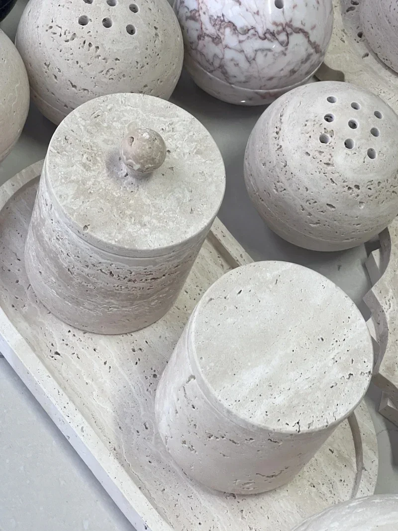 Wabi-sabi Beige Travertine Natural Marble Stone Sundries Storage Tank Candle Jars with lid bathroom accessory Home decoration