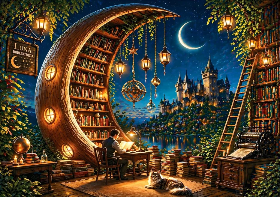 Moon Library 500/1000/1200/2000PCS Jigsaw Puzzle Whimsical Night Reading Space Stacked Books Puzzle Decoration Present