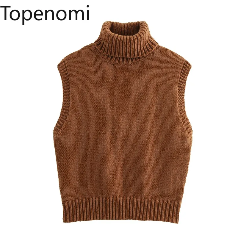 Topenomi Solid Turtleneck Sweater Vest Women Vintage Slim Sleeveless Outerwear Knitted Tops Autumn Winter Simple Short Pullover