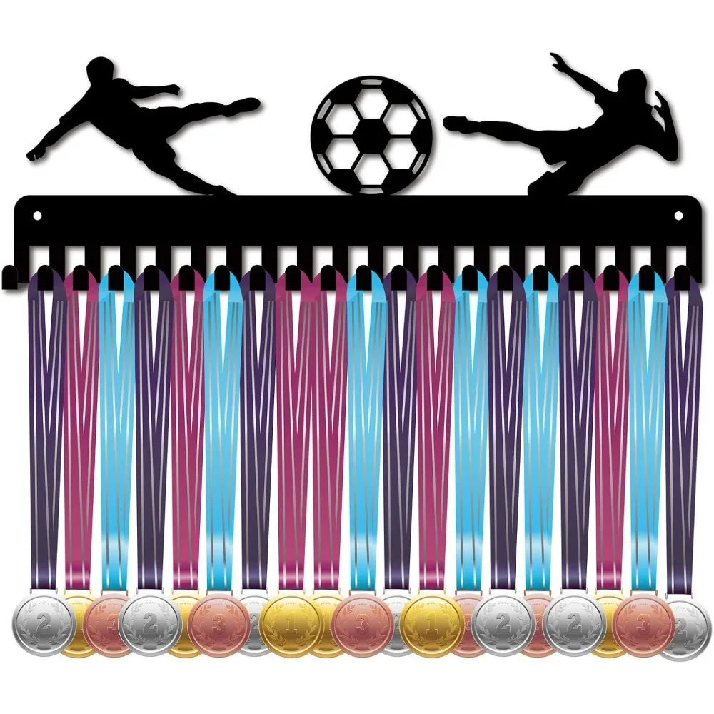 Soccer Medal Holder Display Hanger Rack Sports Metal Wall Mount with 20 Hooks Hang Over 60 Medals Runners Home Badge Running