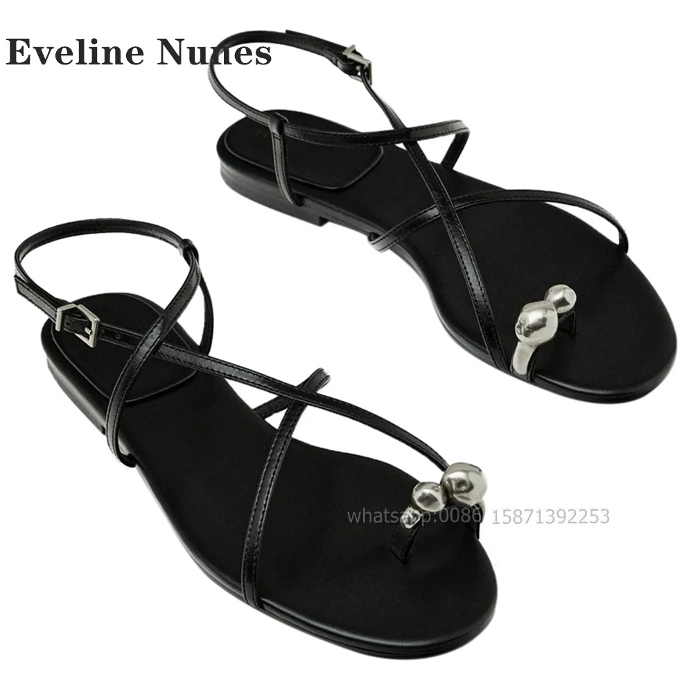 Metal Decoration Clip Toe Sandals Open Toe Flat with Black Narrow Band Shallow Shoes One Word Buckle Solid Comfortable Shoes