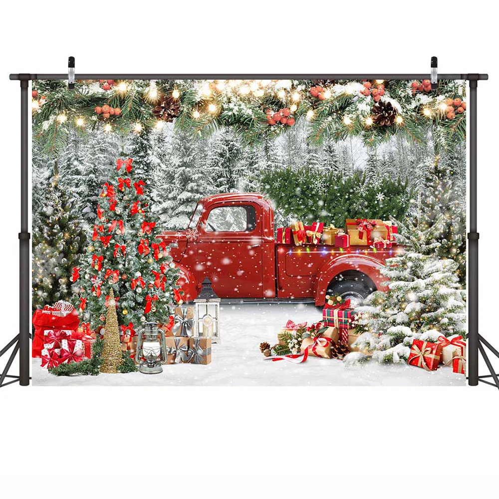 عيد الميلاد شاحنة حمراء خلفية الشتاء الثلجي شجرة عيد الميلاد الغابات عيد ميلاد صورة خلفية هدية للأطفال الكبار صورة استوديو التصوير الفوتوغرافي