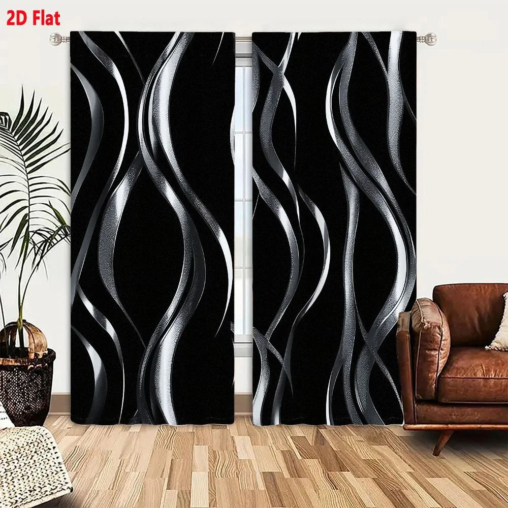 2Pcs Curtains 2D Flat Abstract Pattern With Metallic Silver Wavy Strips On Black Background Dynamic Elegant Futuristic Design Wi