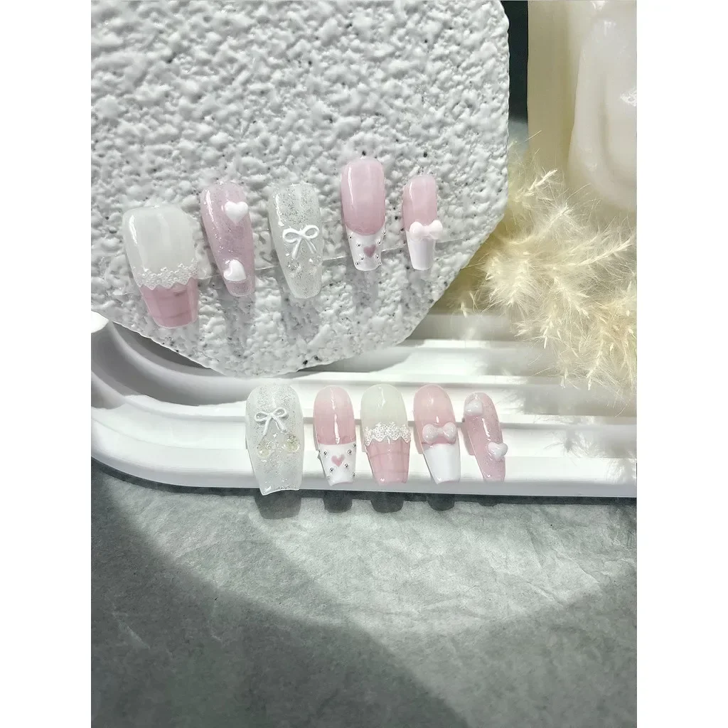 10 pezzi rosa fiocco amore pizzo francese nail art rosa bianco carino ciliegia fatta a mano unghie finte ragazza lunga dolce sexy stampa sulle unghie