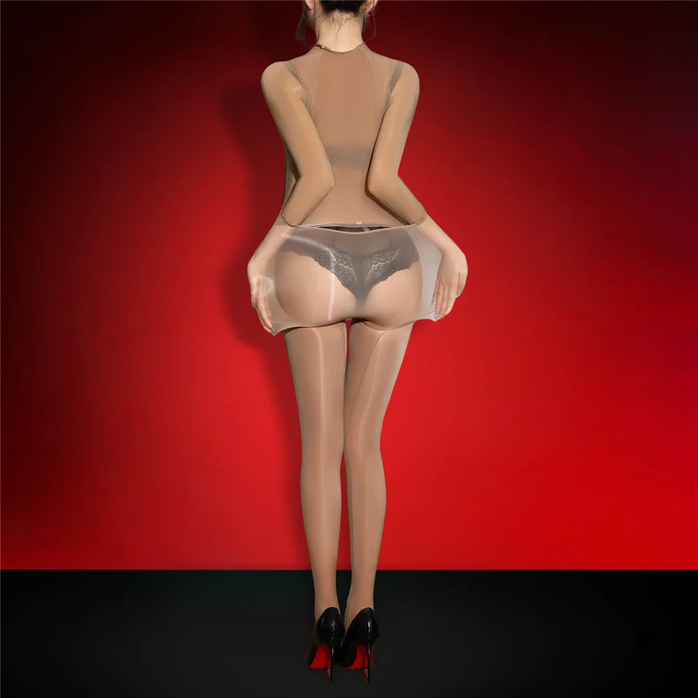Sexy Women 5D Thin Oil Glossy Shiny Long Sleeves Bodysuits Sheer See Through Back Open Maid Tights Jumpsuits Shaping Leotard