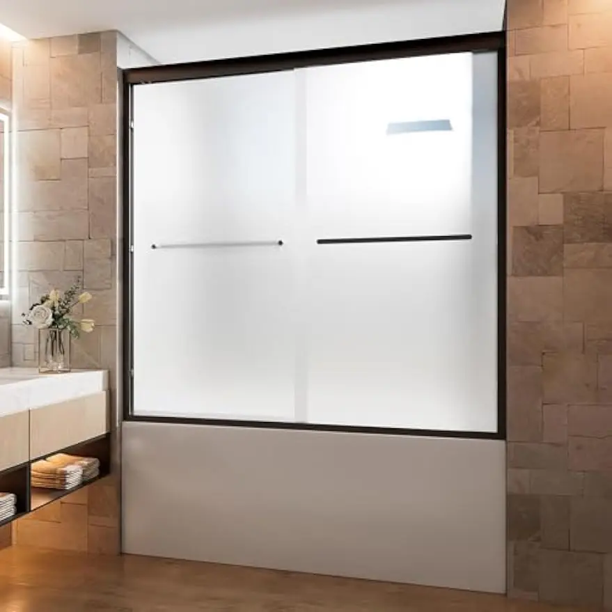 Sliding Semi Frameless Bathtub Door Black Aluminum Tempered Glass 56 To 60 Inch Width
