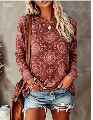 Women Long Sleeve T‑Shirt Delicate Branch Bird Floral Print Crew Neck Loose Casual Daily Tops