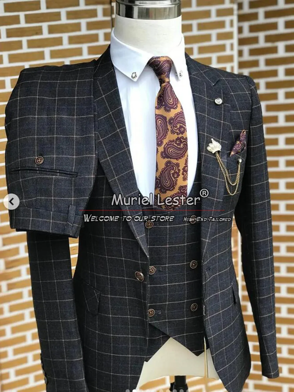 Brown Plaid Checked Suit Men Single Breasted Jacket Vest Pants 3 Pieces Formal Party Business Groom Wedding Tuxedos Plus Size