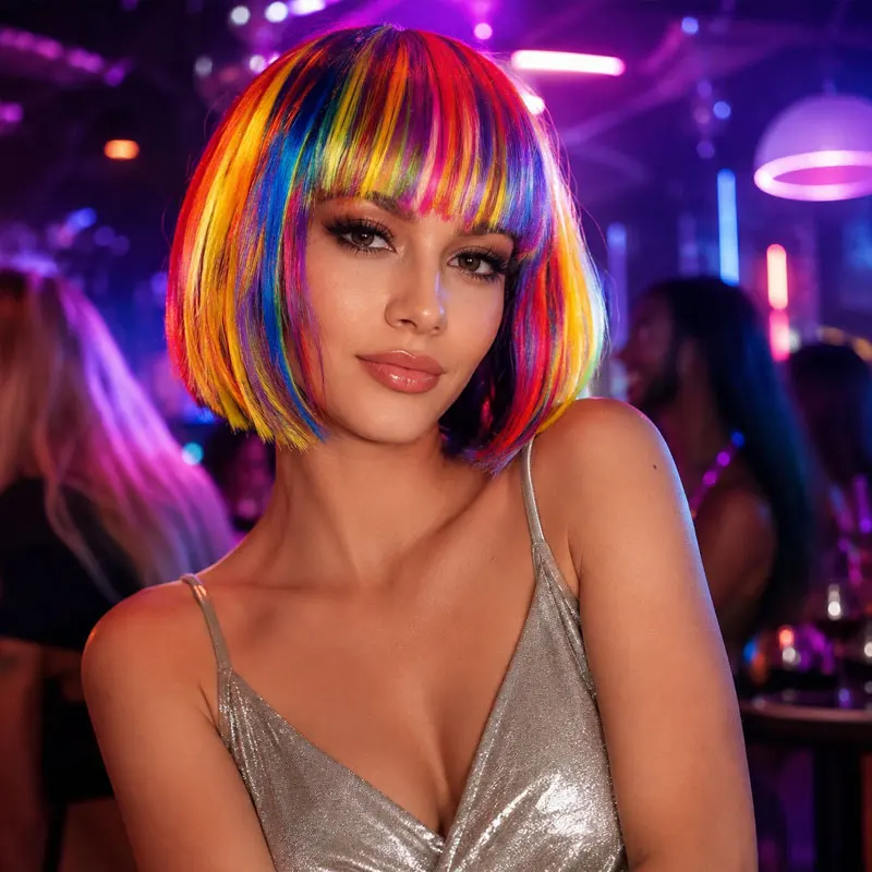 Synthetic Hair Rainbow Wigs Bob Short/Long Straight Hair with Bangs Women's Colorful Ombre Wig Party Bar Stage Costume Headwear