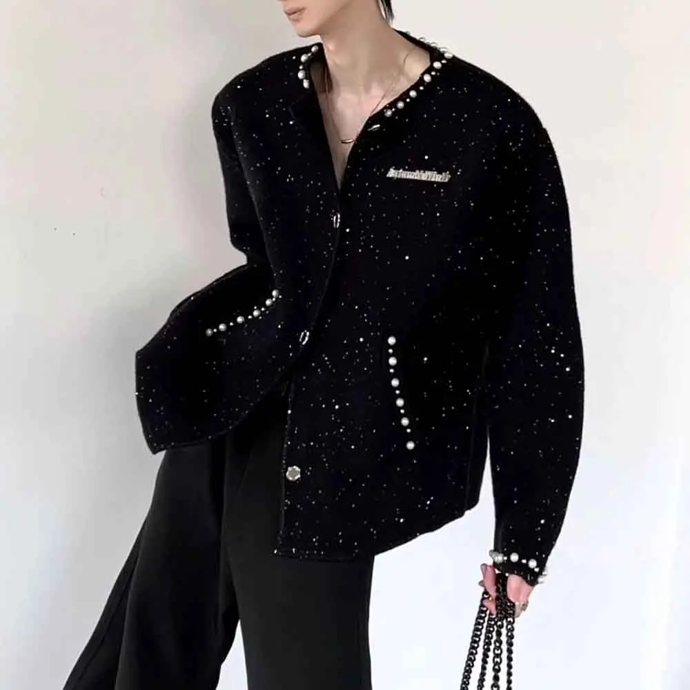 

2025 Winter New Men's Pearl Long-Sleeve Cardigan Sweater American Retro Fashion Trend High Street Loose Casual Niche Men's Top