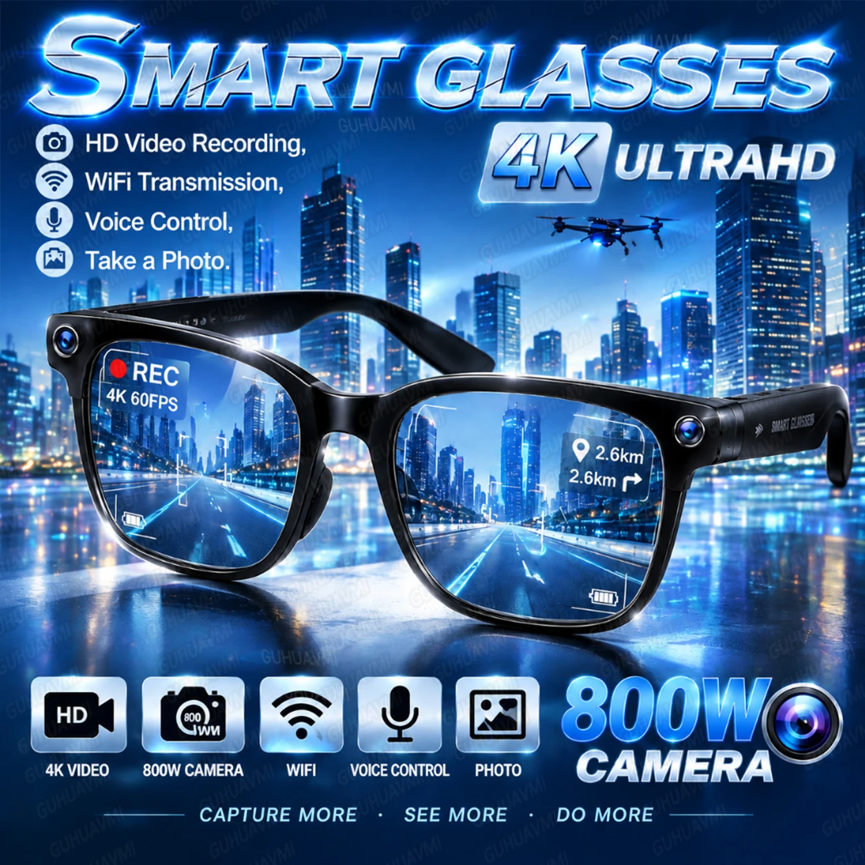 2026 New AI Smart Glasses 8MP Camera 1080P Video Recording Real Time Translation Voice Assistant Bluetooth Call Music Sunglasses