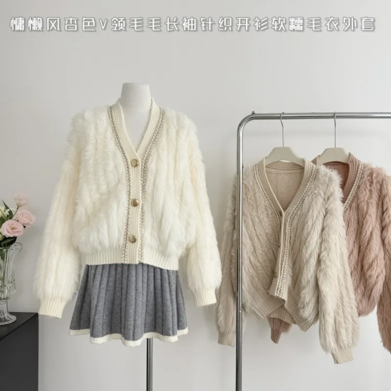 Niche Design Sense V-Neck Long Sleeve Knitted Cardigan Tops Autumn Winter New Gentle Style Loose Sweater Coats