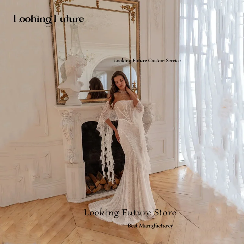 ボヘミアン マーメイド レース アップリケ ウェディングドレス エレガント アイボリー ストラップレス プリーツ オフショルダー セクシー バックレス レースアップ ガウン Vestidos
