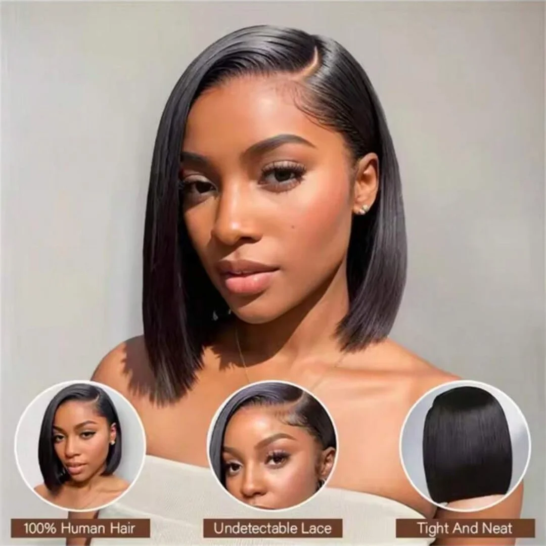 Smilegirl Bone Straight Short Bob Wig  13x4 HD Transparent Lace Front Human Hair Wigs 200% Density For Black Women Pre Plucked Realistic Scalp image 3