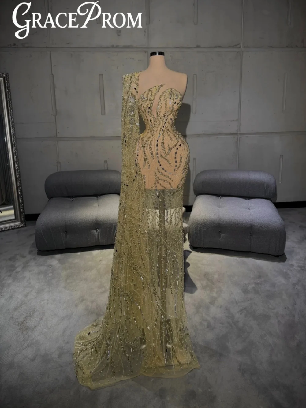 

Stunning Luxurious Beaded Mirrors Evening Dress One Shoulder Illusion Wedding Party Gown Customized Floor-length Red Carpet Gown