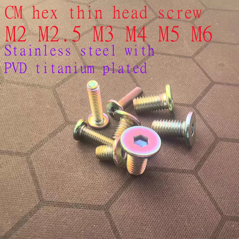 

10PCS CM M3 M4 M5 M6 Stainless Steel PVD Titanium plated rainbow colourful Hex Socket Ultra Thin Super Flat Wafer Head Screw