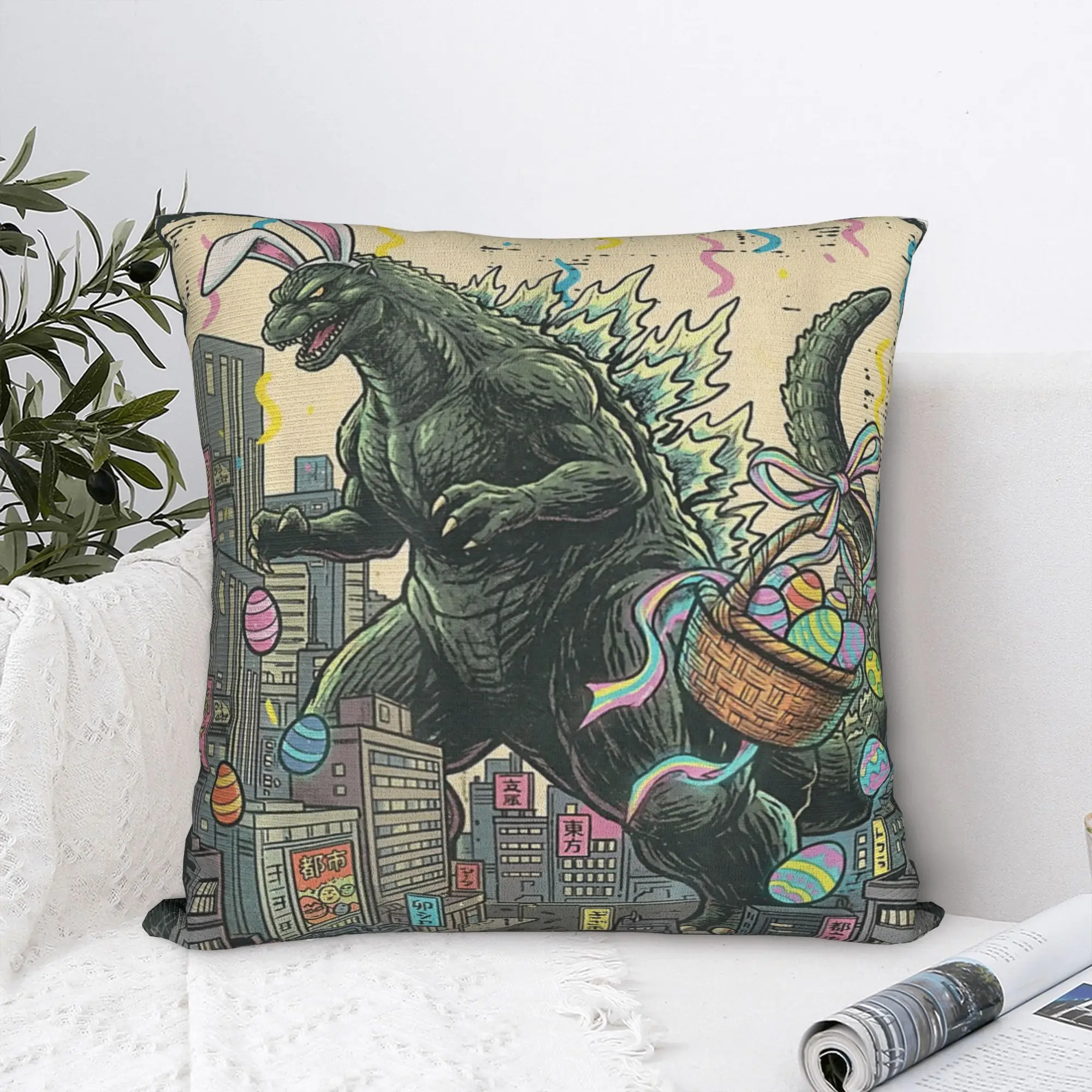 Easter Japanese Monster Bunny Ears Egg Kaiju Pillow Cover  Comfy Cushion Cover Kawaii Pillow Case For Sofa Couch Bed Living Room