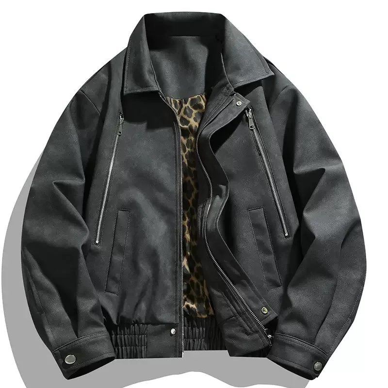 

Autumn and Spring New Fashion Trend Pure Color American Vintage Leather Jacket Men's Casual Loose Sports High Quality Outerwear