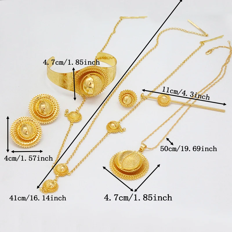 24K Gold-Plated Dubai Bride Jewelry Set, Women's African Wedding Necklace, Earrings, Rings, Headpieces, Hair Clips Set